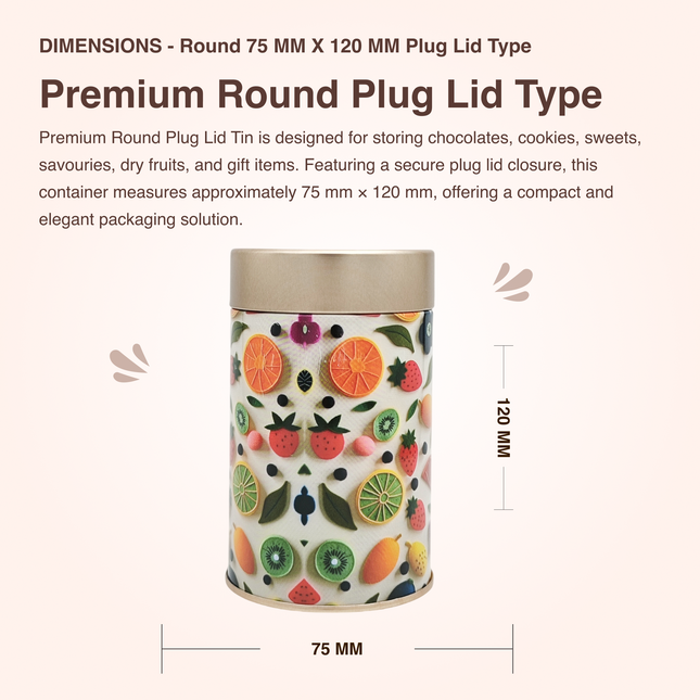FRUIT PRINT ROUND TIN CONTAINER– 75mm x 120mm