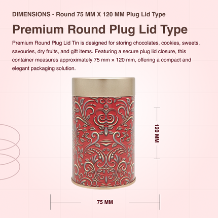 RED  PATTERN ROUND TIN CONTAINER – 75mm x 120mm