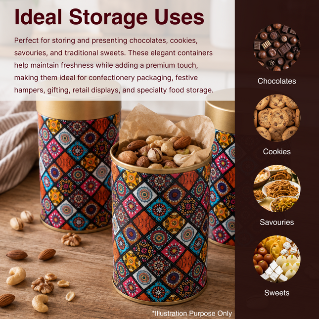 COLORFUL MOSAIC PRINT ROUND TIN CONTAINER-75mm x 120mm