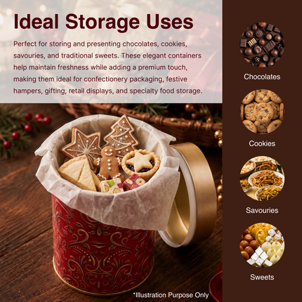RED  PATTERN ROUND TIN CONTAINER – 75mm x 120mm