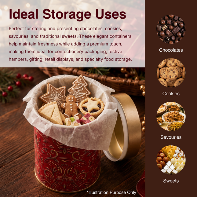 RED  PATTERN ROUND TIN CONTAINER – 75mm x 120mm