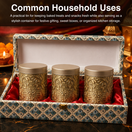 GOLD FLORAL ROUND TIN CONTAINER – 75mm x 120mm