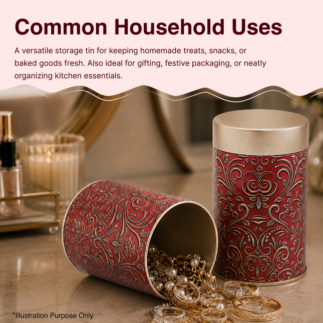 RED  PATTERN ROUND TIN CONTAINER – 75mm x 120mm