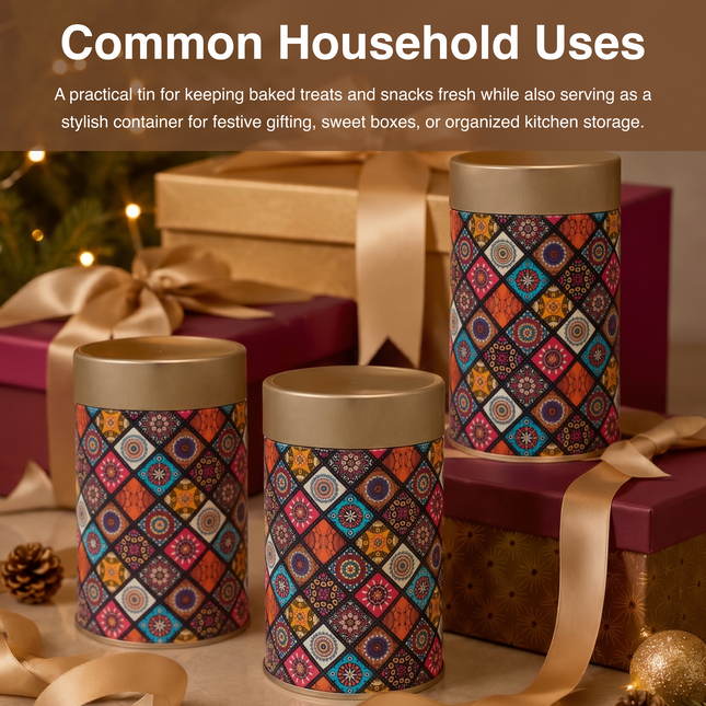 COLORFUL MOSAIC PRINT ROUND TIN CONTAINER-75mm x 120mm