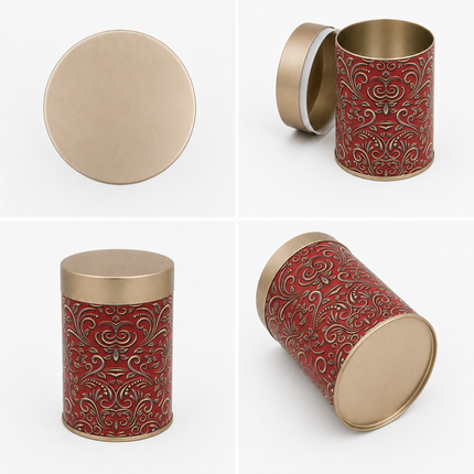 RED  PATTERN ROUND TIN CONTAINER – 75mm x 120mm