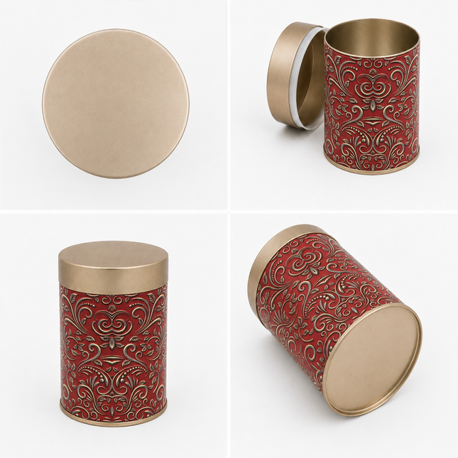 RED  PATTERN ROUND TIN CONTAINER – 75mm x 120mm