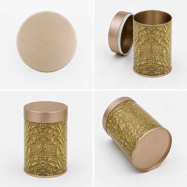 GOLD FLORAL ROUND TIN CONTAINER – 75mm x 120mm