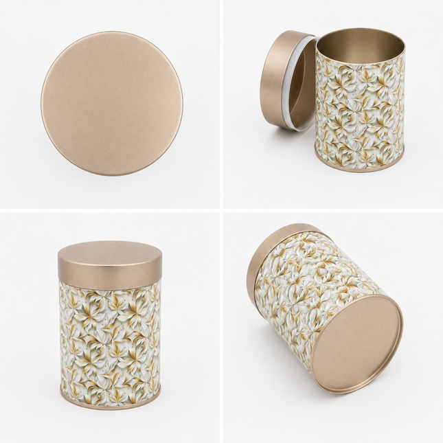 FLORAL WHITE ROUND TIN CONTAINER – 75mm x 120mm