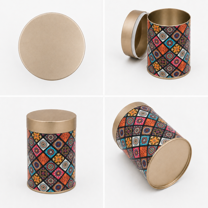 COLORFUL MOSAIC PRINT ROUND TIN CONTAINER-75mm x 120mm