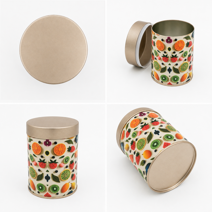 FRUIT PRINT ROUND TIN CONTAINER– 75mm x 120mm