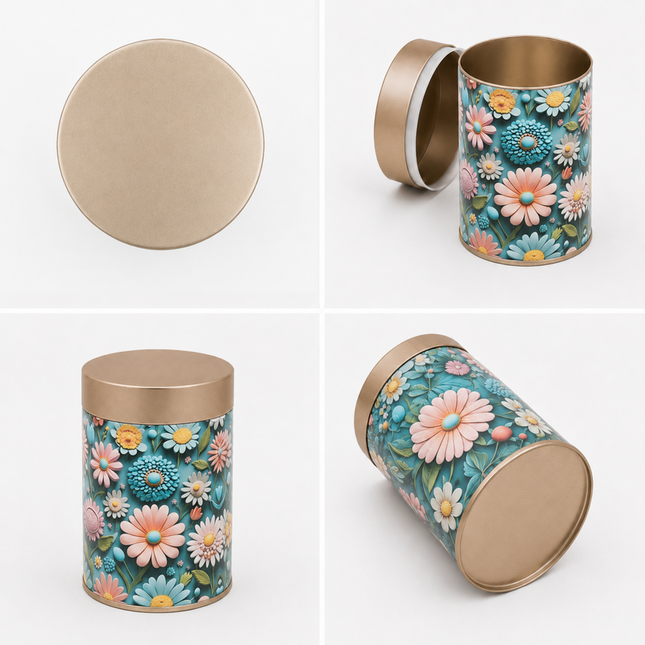 PASTEL DAISY FLORAL ROUND TIN CONTAINER – 75mm x 120mm