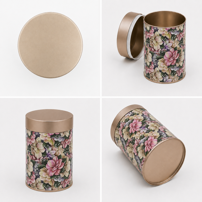 VINTAGE FLORAL PRINT ROUND TIN CONTAINER – 75mm x 120mm