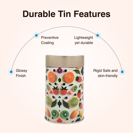 FRUIT PRINT ROUND TIN CONTAINER– 75mm x 120mm