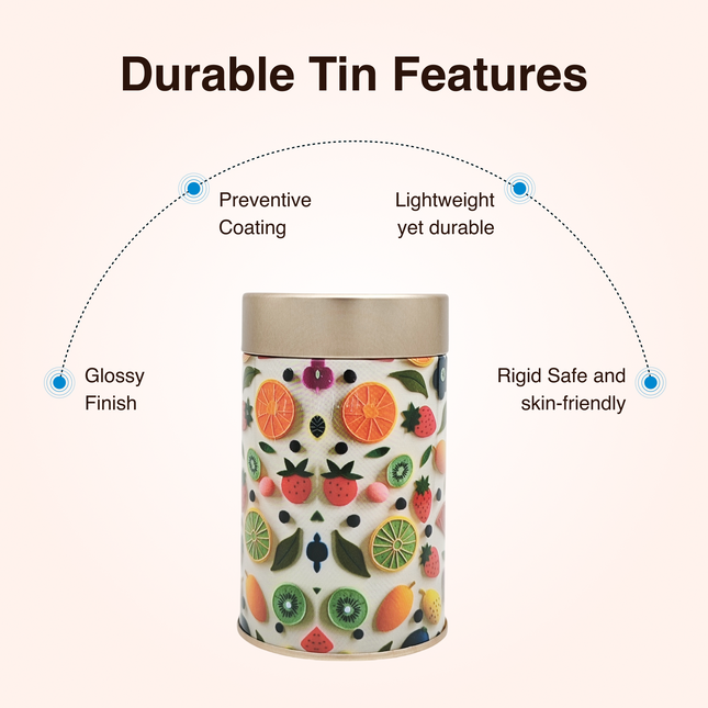 FRUIT PRINT ROUND TIN CONTAINER– 75mm x 120mm