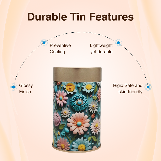 PASTEL DAISY FLORAL ROUND TIN CONTAINER – 75mm x 120mm