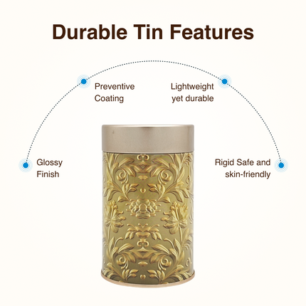 GOLD FLORAL ROUND TIN CONTAINER – 75mm x 120mm
