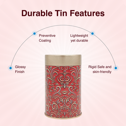 RED  PATTERN ROUND TIN CONTAINER – 75mm x 120mm