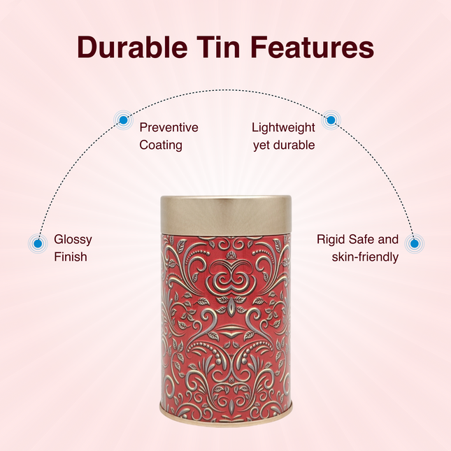 RED  PATTERN ROUND TIN CONTAINER – 75mm x 120mm
