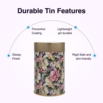 VINTAGE FLORAL PRINT ROUND TIN CONTAINER – 75mm x 120mm