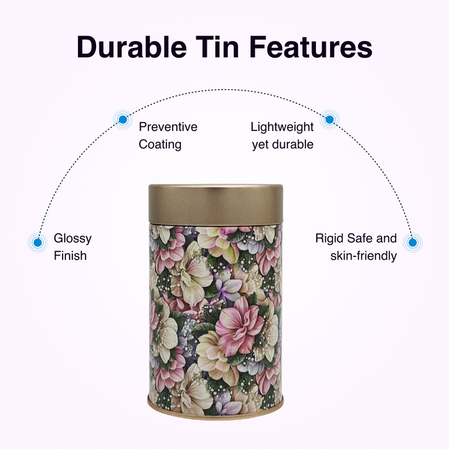 VINTAGE FLORAL PRINT ROUND TIN CONTAINER – 75mm x 120mm