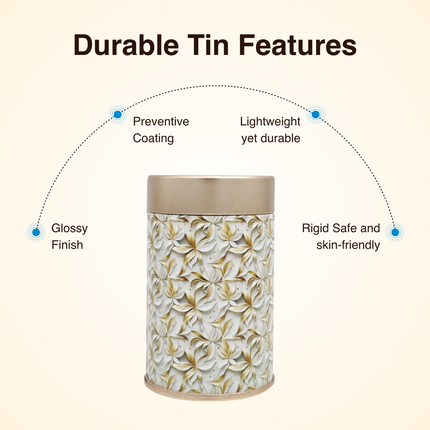 FLORAL WHITE ROUND TIN CONTAINER – 75mm x 120mm
