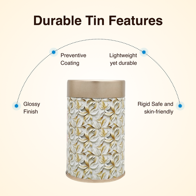 FLORAL WHITE ROUND TIN CONTAINER – 75mm x 120mm