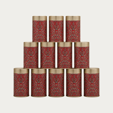 RED  PATTERN ROUND TIN CONTAINER – 75mm x 120mm
