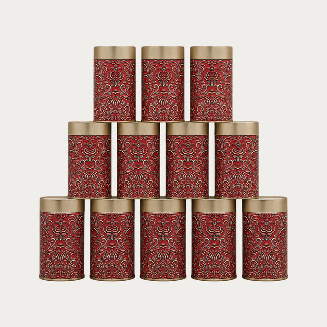 RED  PATTERN ROUND TIN CONTAINER – 75mm x 120mm