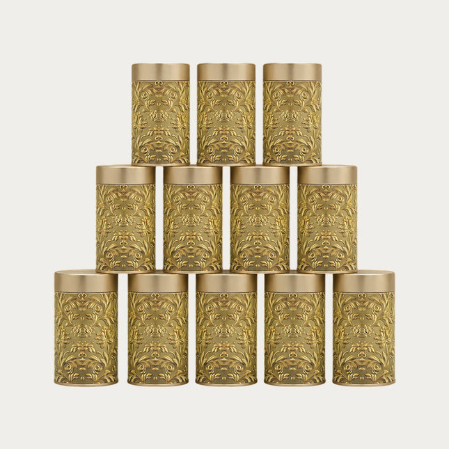 GOLD FLORAL ROUND TIN CONTAINER – 75mm x 120mm