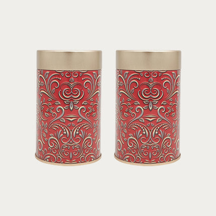 RED  PATTERN ROUND TIN CONTAINER – 75mm x 120mm