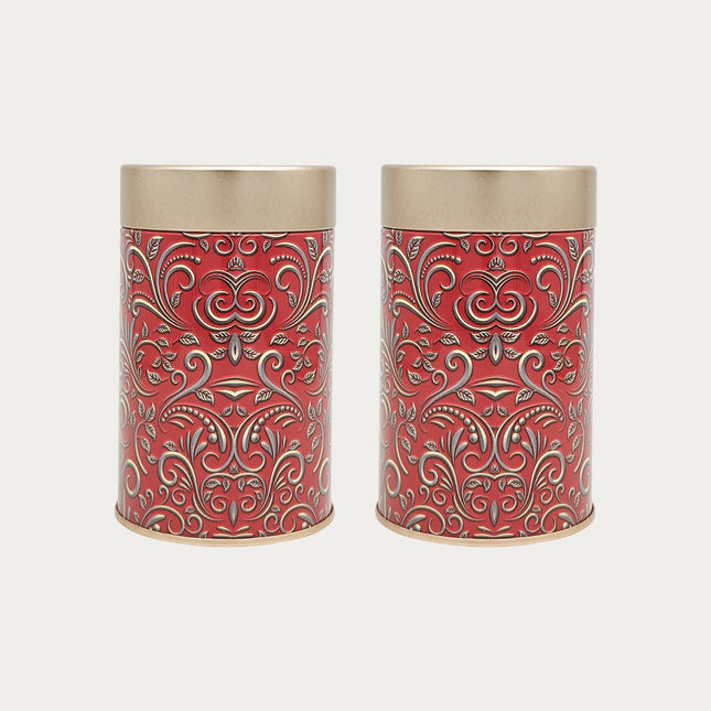 RED  PATTERN ROUND TIN CONTAINER – 75mm x 120mm