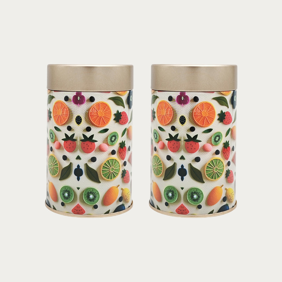 FRUIT PRINT ROUND TIN CONTAINER– 75mm x 120mm