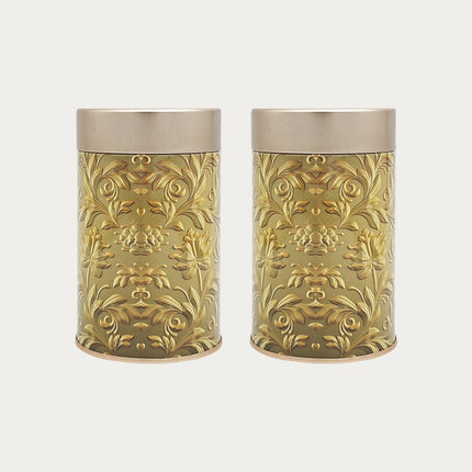 GOLD FLORAL ROUND TIN CONTAINER – 75mm x 120mm