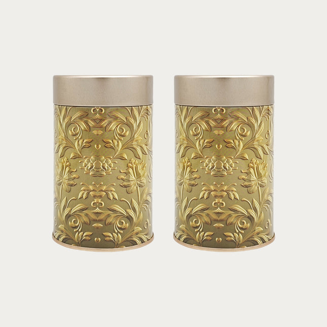 GOLD FLORAL ROUND TIN CONTAINER – 75mm x 120mm