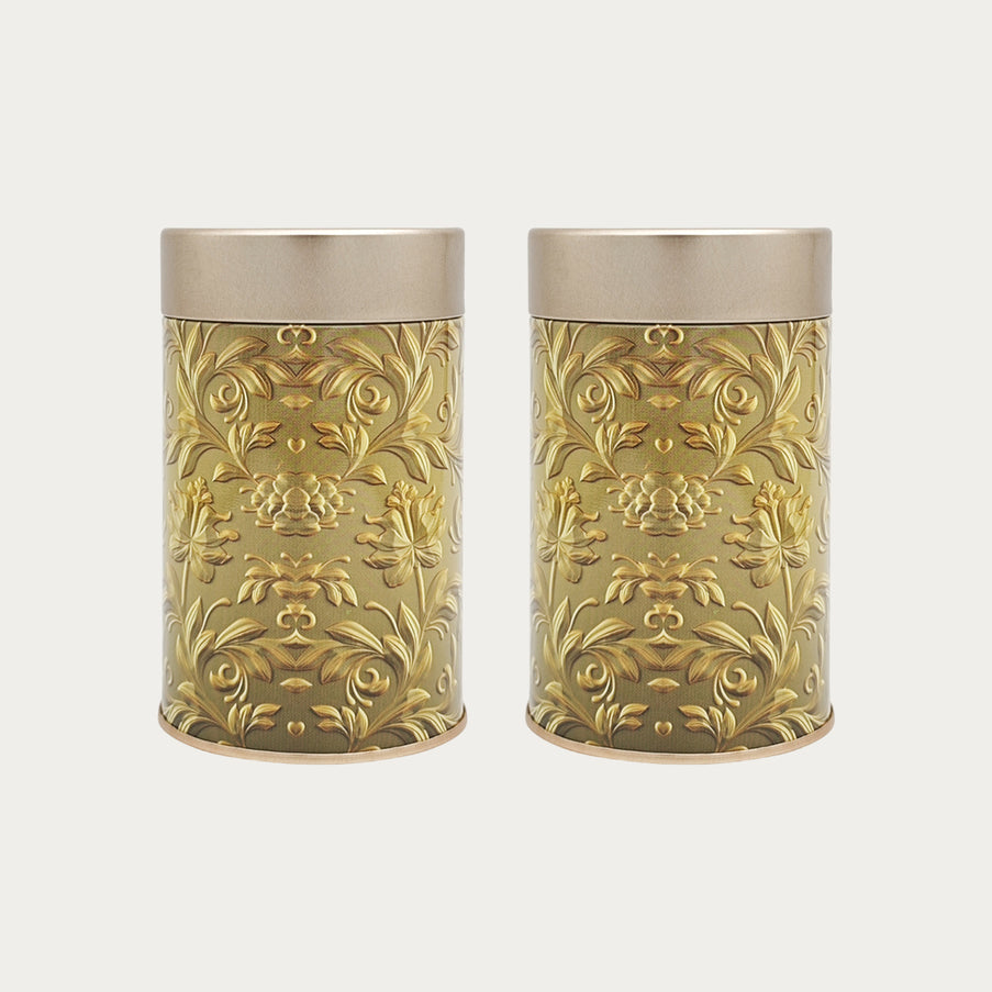 GOLD EMBOSSED FLORAL ROUND TIN CONTAINER – 75mm x 120mm