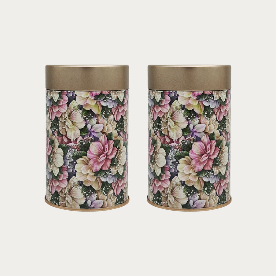VINTAGE FLORAL PRINT ROUND TIN CONTAINER – 75mm x 120mm