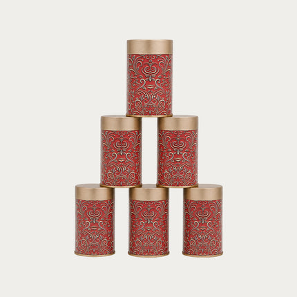 RED  PATTERN ROUND TIN CONTAINER – 75mm x 120mm