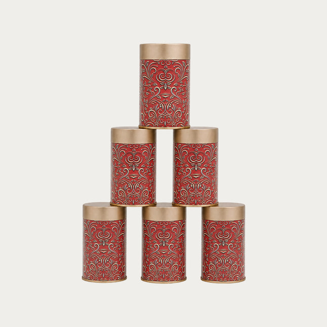 RED  PATTERN ROUND TIN CONTAINER – 75mm x 120mm