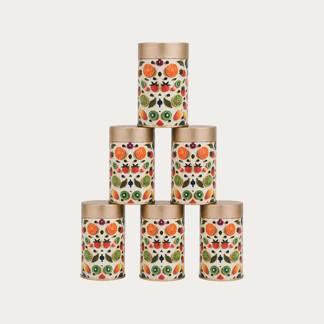 FRUIT PRINT ROUND TIN CONTAINER– 75mm x 120mm