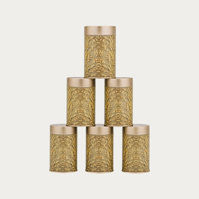 GOLD FLORAL ROUND TIN CONTAINER – 75mm x 120mm